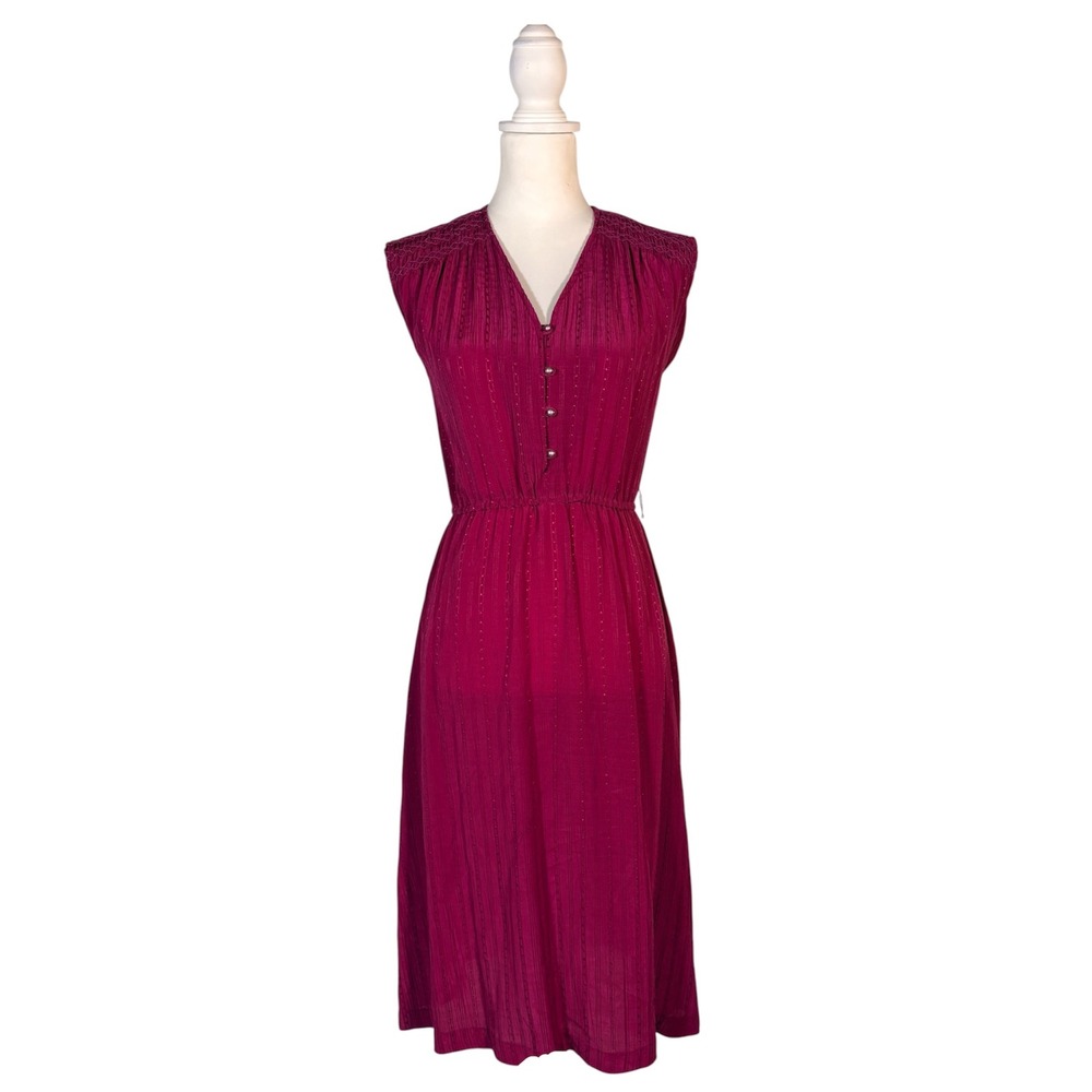 Vintage 70s Pink Midi Dress Sz‎ 9 M Cap Sleeve V-Neck Casual Boho Retro Princess